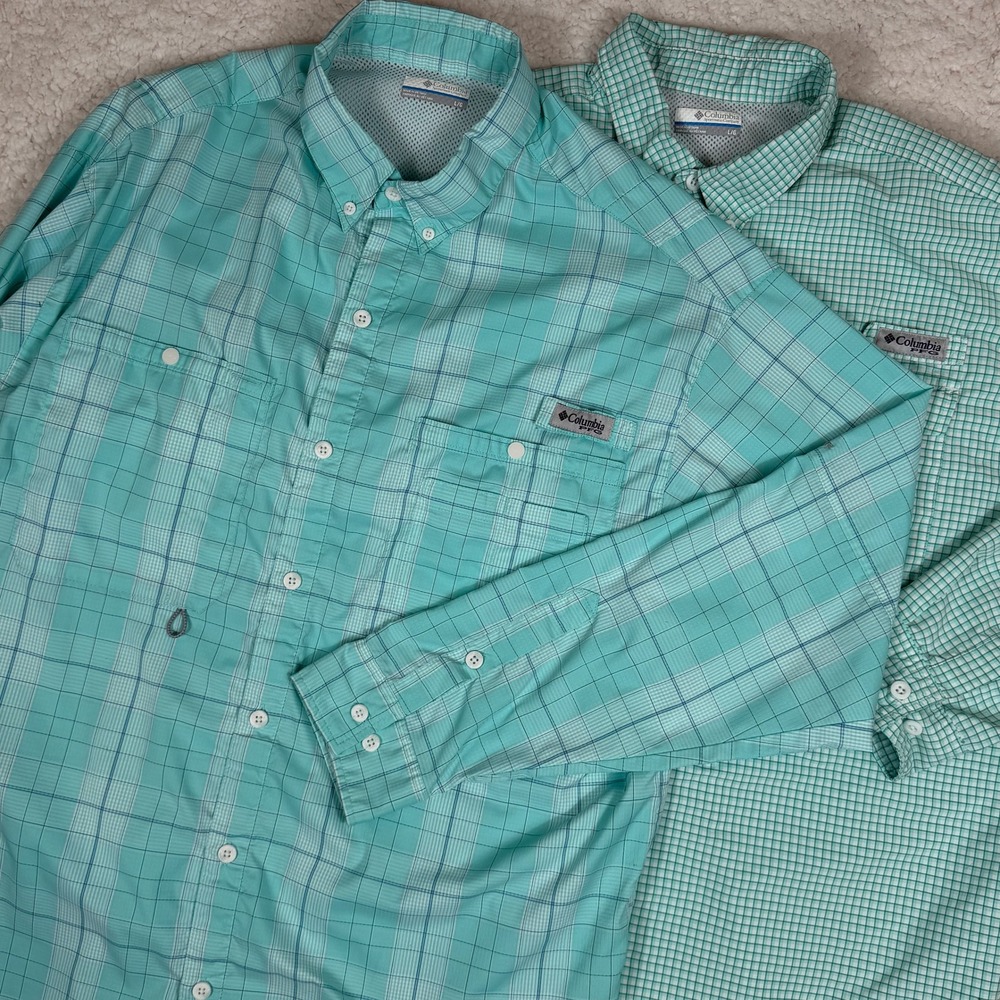 Lot of 2 Columbia PFG Fishing Shirts Mens Large Teal Plaid Long Sleeve Vented